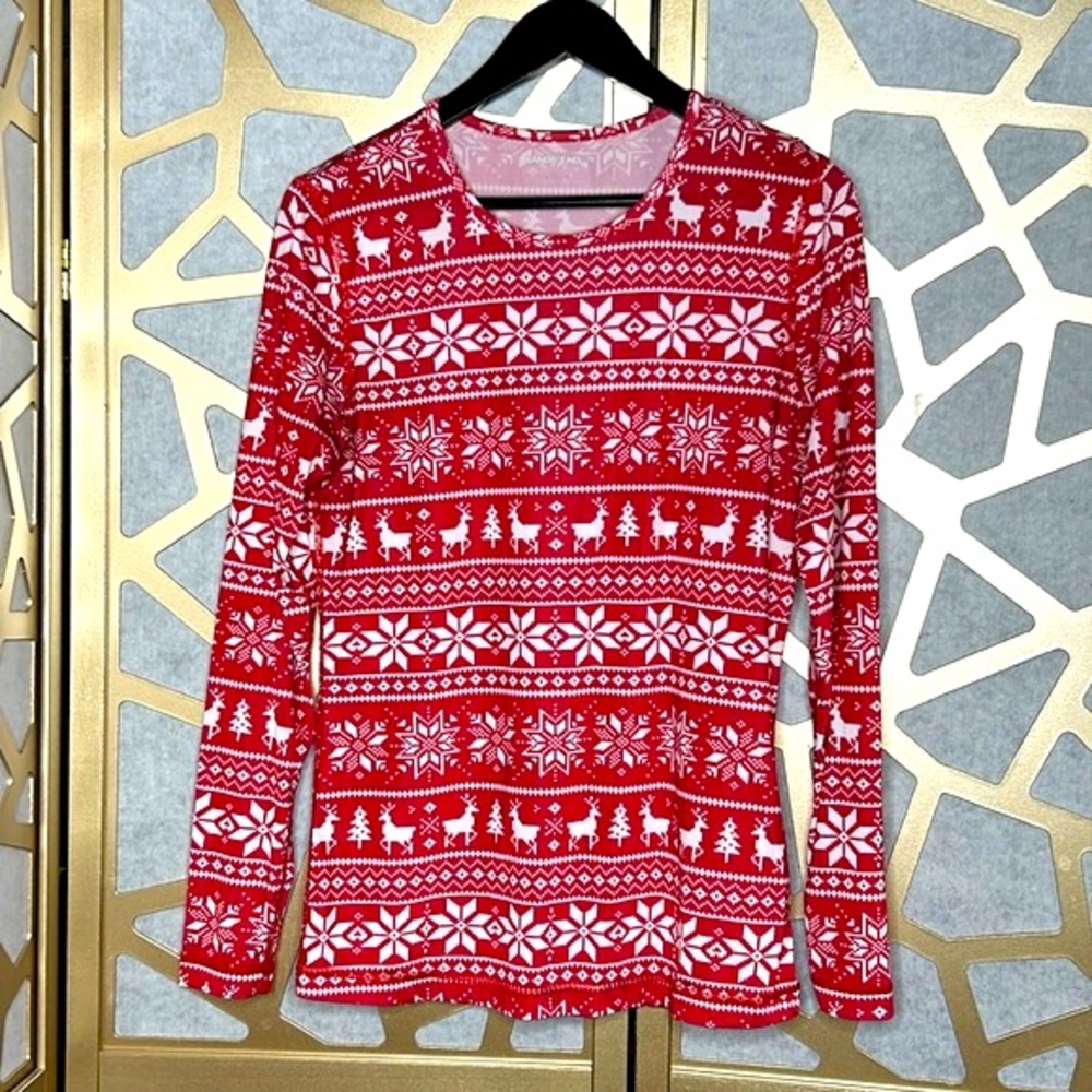 Lands' End Long‎ Sleeve Top Base Layer Reindeer Snow Flakes